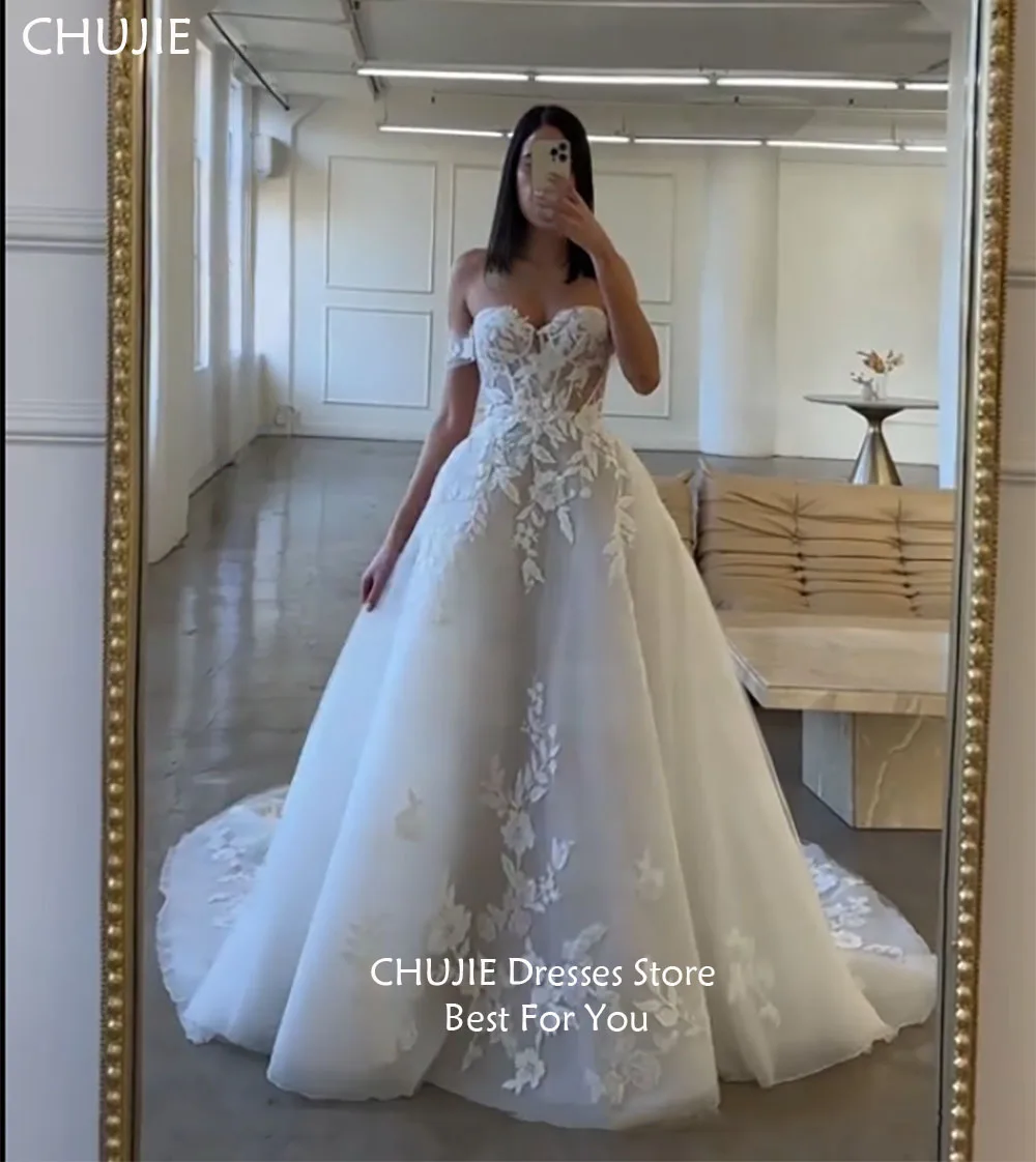 화이트 레이스 아플리케 브라이덜 가운 클래식 오프숄더 웨딩 드레스 여성 우아한 맞춤형 신부 드레스 베스티도 데 노비아