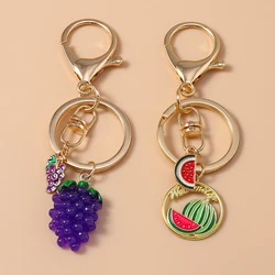 Cute Enamel Simulation Fruit Keychain Grape Watermelon Key Rings for Women Girls Handbag Pendants DIY Jewelry Gifts