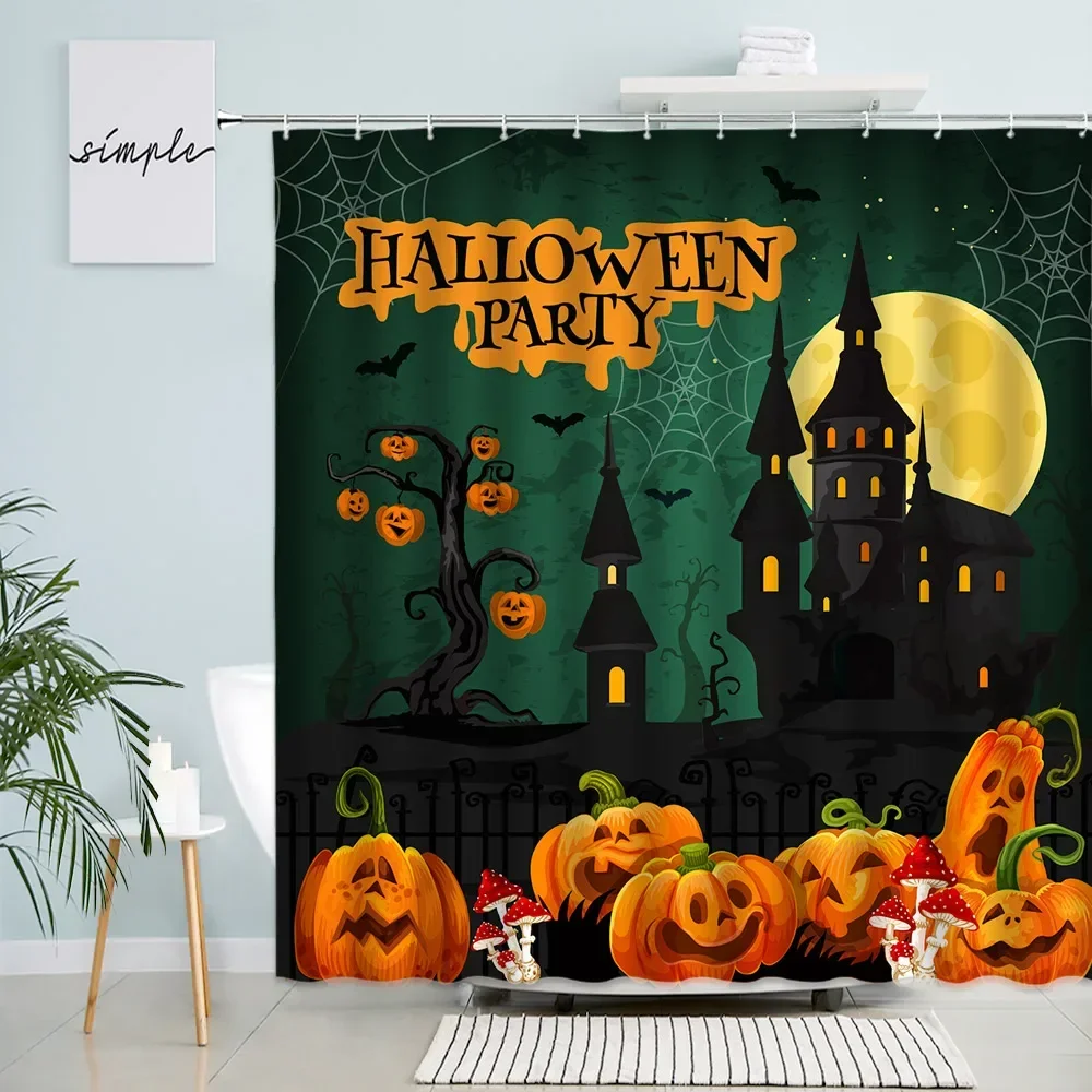 Creative Halloween Shower Curtain Funny Pumpkin Red Mushroom Horror Forest Castle Moon Landscape Bathroom Curtains Home Decor