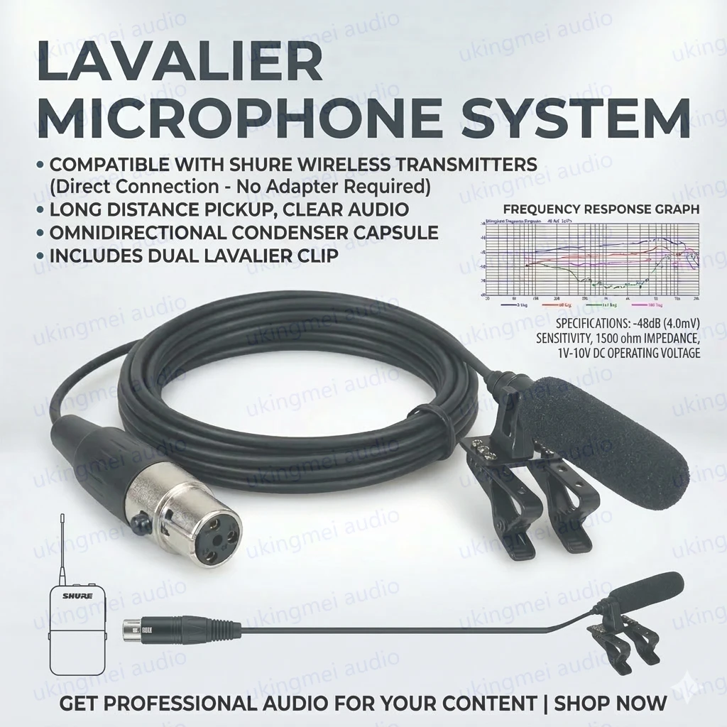 

Hypercardioid Lavalier Microphone for Shure Wireless Bodypack Transmitters Double Clips Microphone with Long Range Sound Pickup