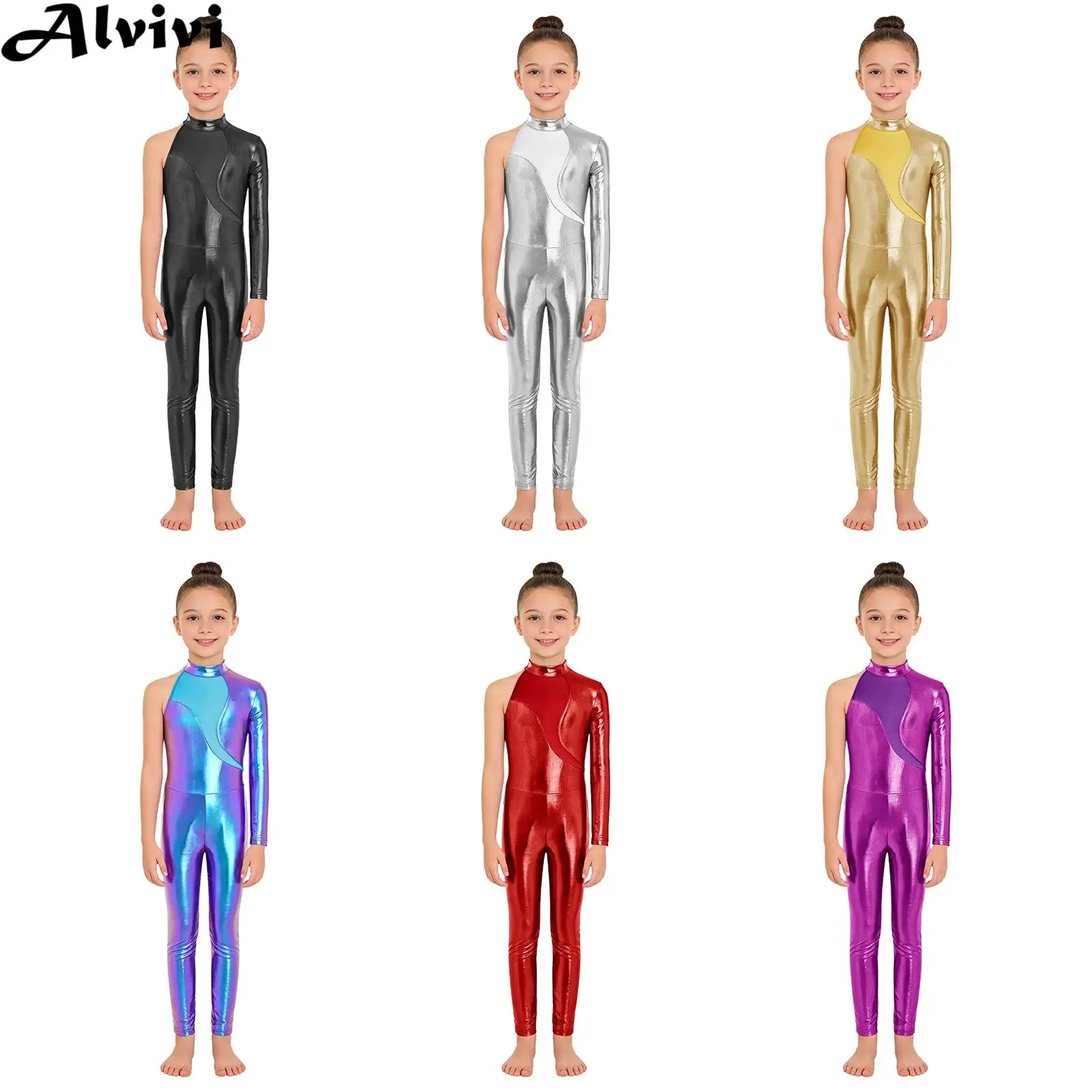 Teen Girls Ballet Dance Gymnastics Vskating Acrobatics Yoga Performance Jumpsuit One Shoulder Metallic Shiny Zipper Mesh Leotard