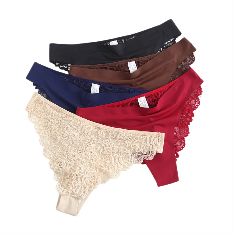 Thin Quick Drying Women's Thongs Ice Silk Ladies T-back Embroidery Lace G-string Seamless Cotton crotch Female T-pants