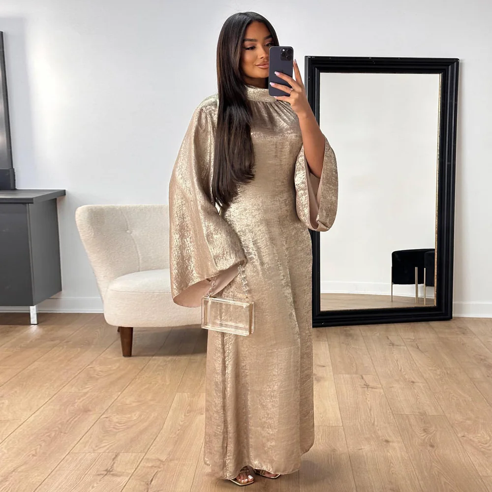 Muslim Women's Shiny Foil Print Party Abaya Dress, Stand Collar Flare Sleeves Integrated Belt, Dubai Modest Hijabi Robe, Ramadan