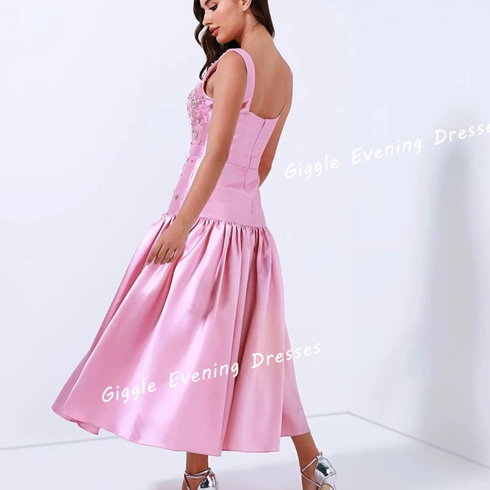 Giggle Satin Spaghetti Strap Beading Elegance Prom Gown Saudi Arab Pleating Ankle-Length Evening Party Dresses for Women 2024