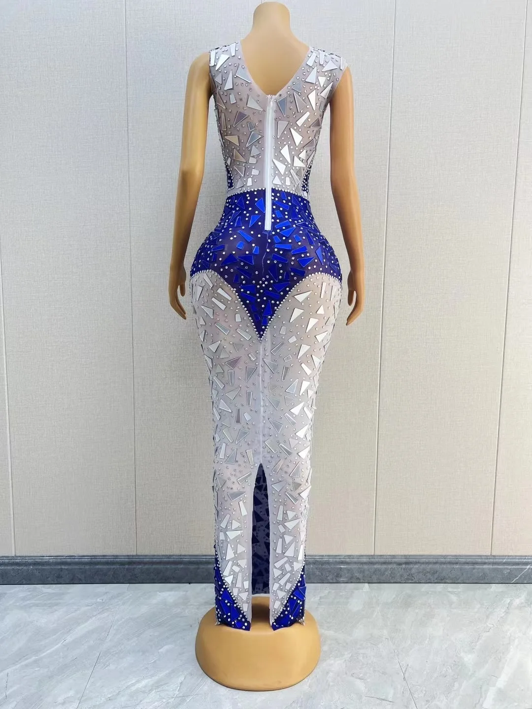 Mode-Design Blau Spiegel Strass DressMesh Stretch Geburtstag Party Outfit WomenSänger Leistung Sexy Kostüm maitianC132