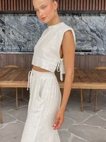 Spring Summer 2025 Women Holiday Linen Pant Set Crop Tops Solid Outfits 2 Two Piece Matching Set For Women - Image 3