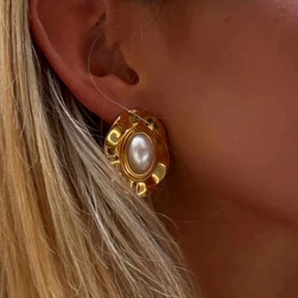 

YHTOT Minimalist Pearl Oval Earrings 18K Gold Color Plated Stainless Steel Round Earrings Women's Jewelry