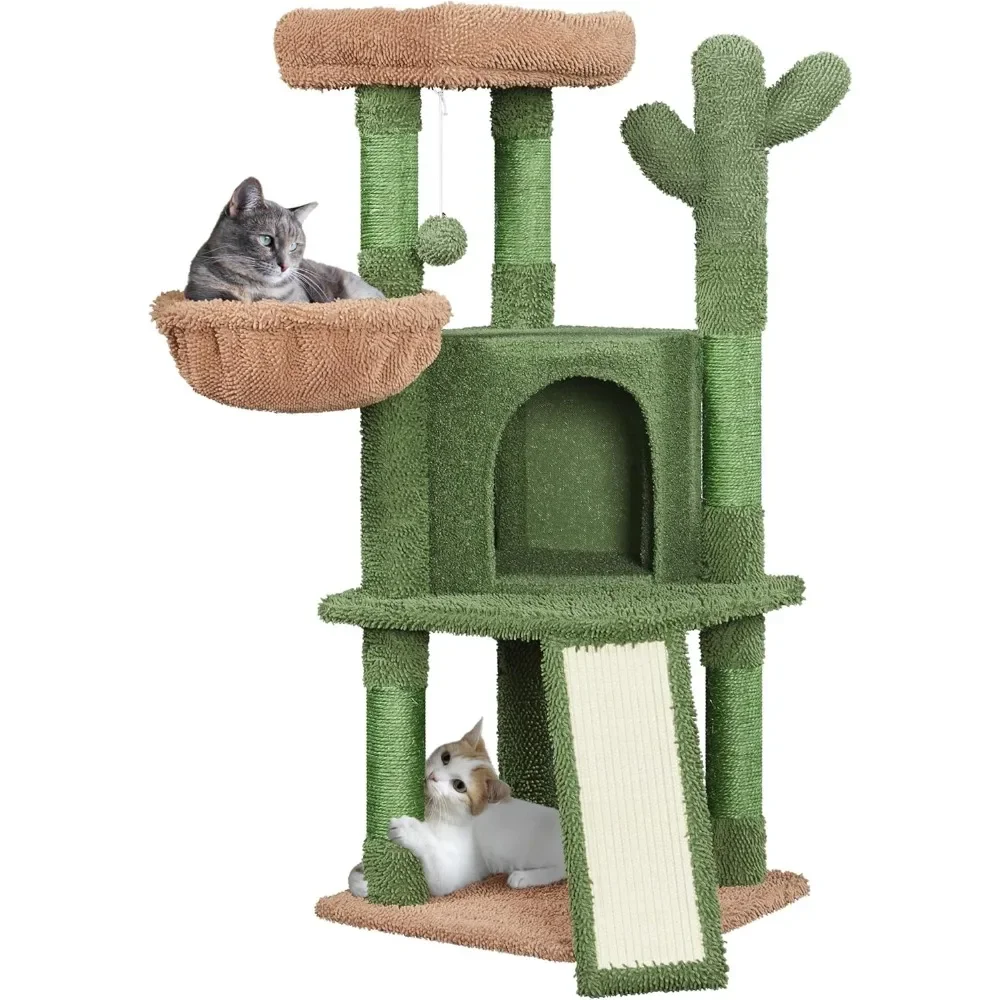 

42" Cactus Cat Tower with Multi-Level Condo, Scratching Post, Ball, Plush Perch, and Basket