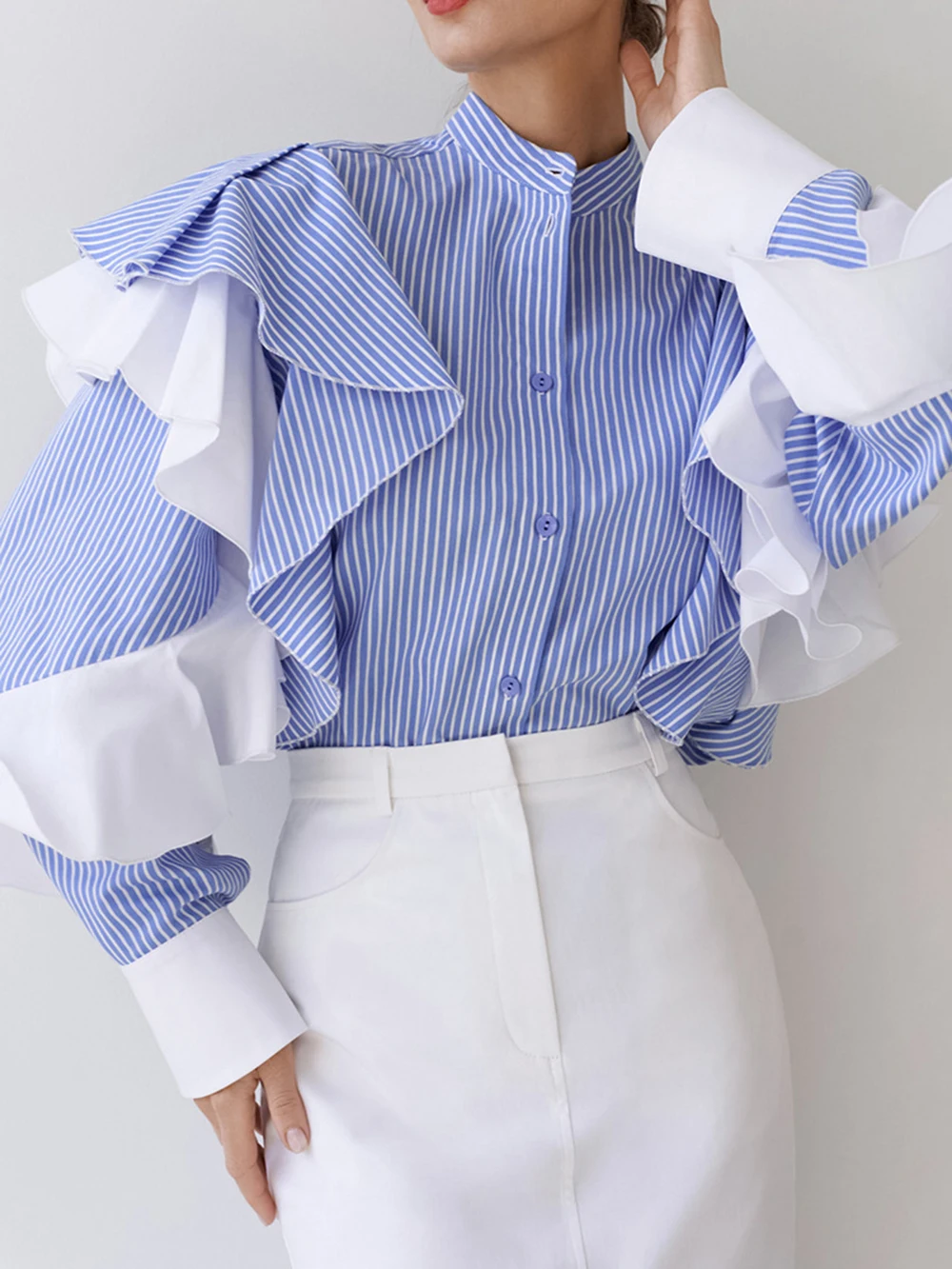 French Style Blue Strips Shirt Women's Single Breasted Half Collar Puff Long Ruffles Design Sleeve Shirt Office Lady Fashion Top