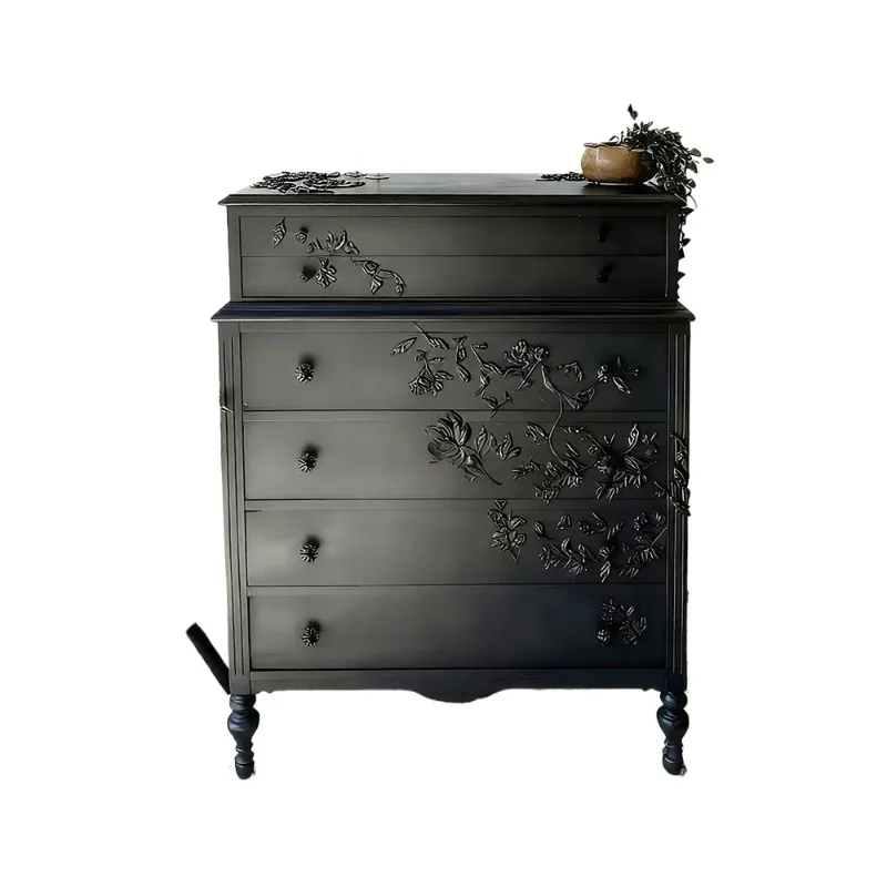 

French retro solid wood carving flower six chest cabinet, medieval style bedroom black storage cabinet American light luxury