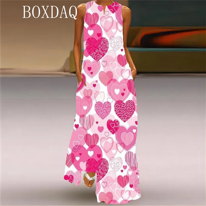 2025 Spring Summer New Long Dress For Womens 3D Love Heart Pattern Print Dress Valentine's Day Style Party Sleeveless Maxi Dress