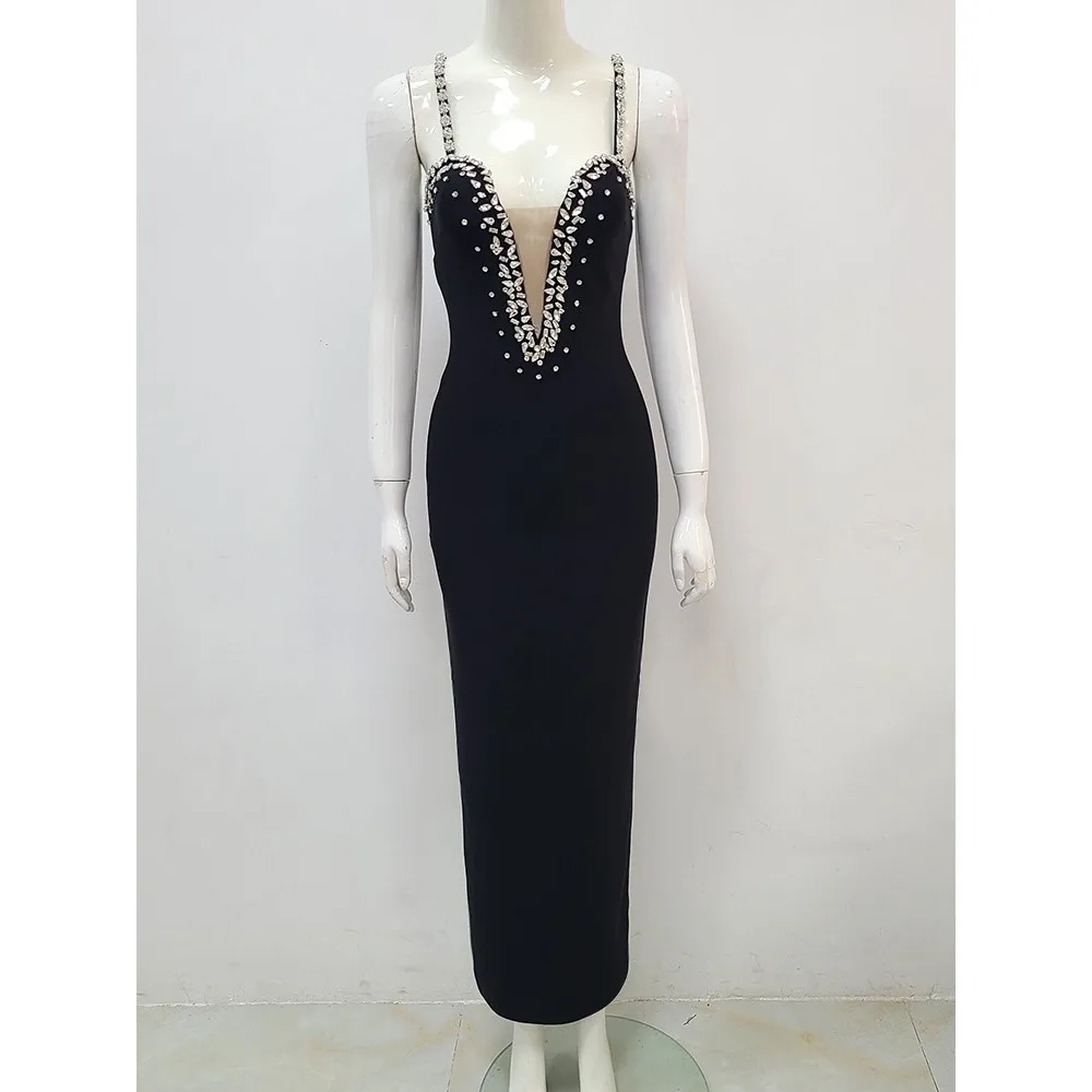 2024 New Women Sexy Sleeveless Backless Diamonds Black Long Bandage V-neck Dress Club Evening Robe Stage Performance Dress