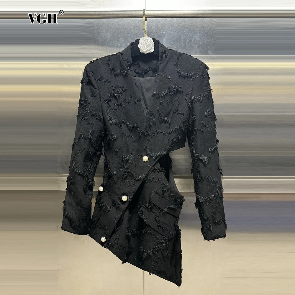 

VGH Hollow Out Folids Tunic Blazers For Women Notched Collar Long Sleeve Patchwork Button Slimming Irregular Blazer Female Style