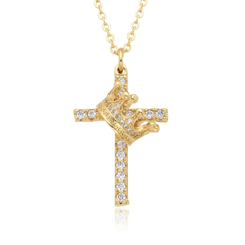 

Full diamond crown cross necklace, retro trendy men's personality pendant, versatile and niche design accessory