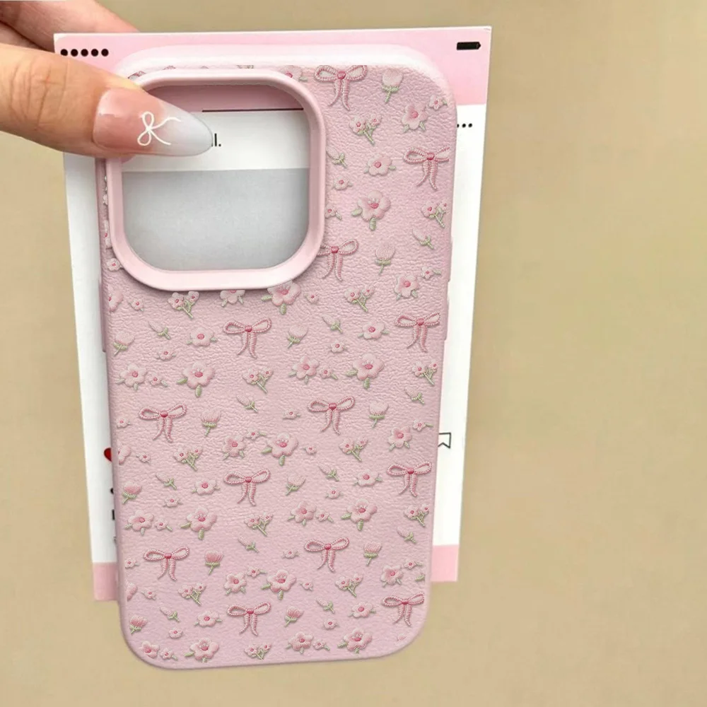 Cute Pink Flower Phone Case For iPhone 16 15 13 11 14 12 17 Pro Max Air Plus Leather Lichee Pattern Shockproof Soft Cover Fundas - view 3