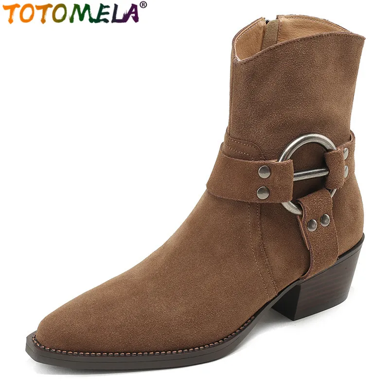 

TOTOMELA New Suede Leather Cowboy Western Boots Zipper Buckle Autumn Winter Ankle Boots Handmade Ladies Shoes