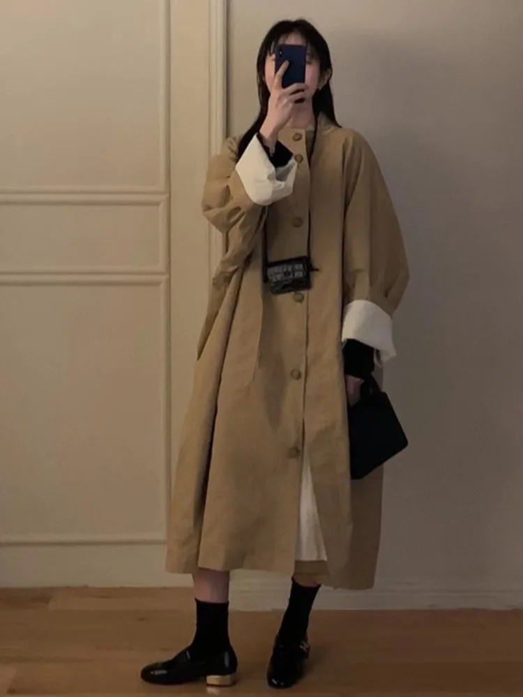 

Khaki Color Women's Long Coat Single Button Retro Sle Cotton Korean Version Autumn Winter Casual Outerwear for ort Women