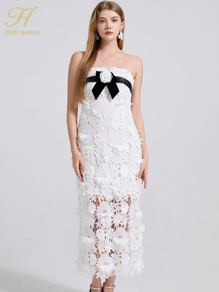

H Han Queen 2025 Summer Chic Women Elegant Lace 3D Floral Embroidery Strapless Long Dress Woman Clothes Party Evening Dresses