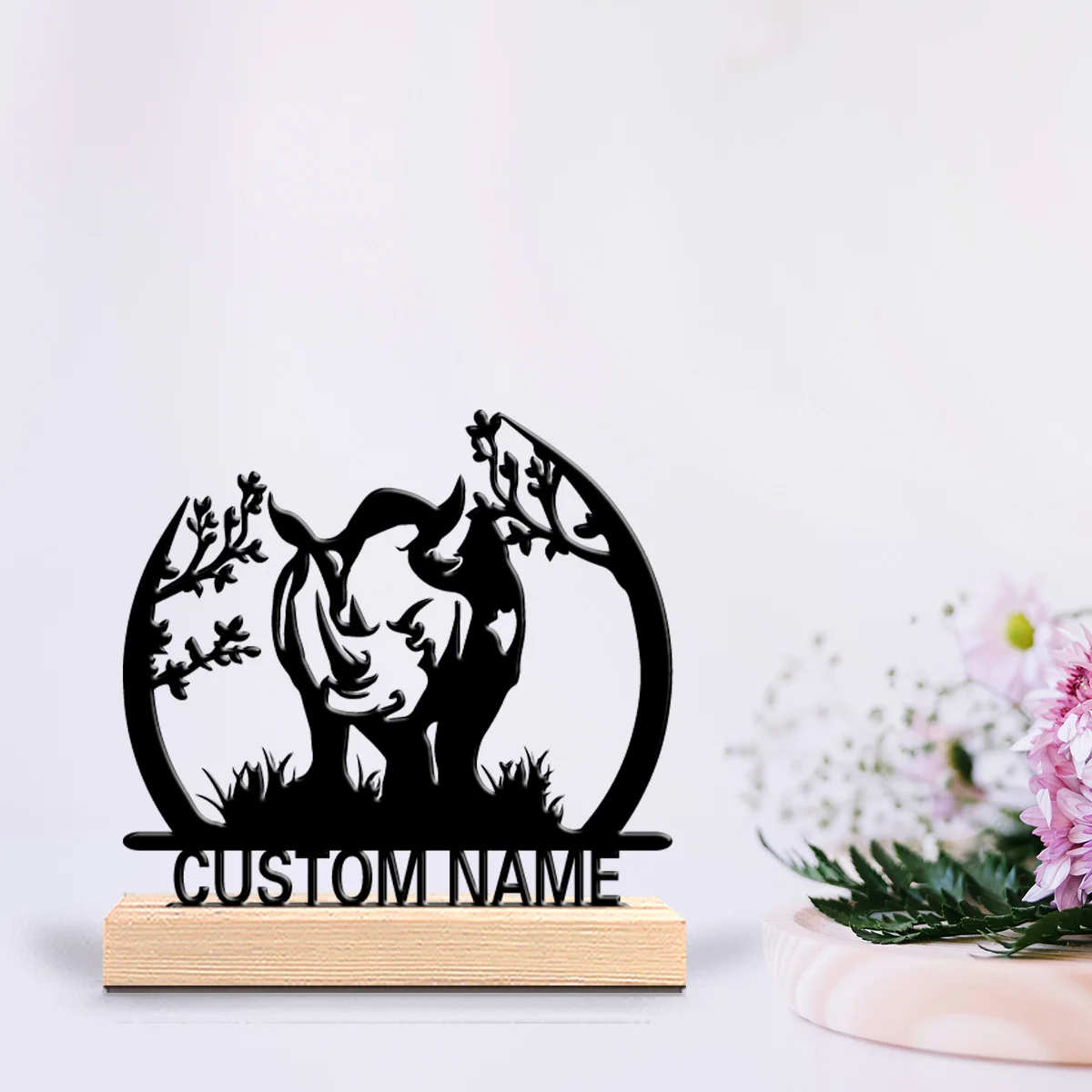 1pc Rhino Jungle  Customized Letter Handicraft With Wood Base Metal Sculpture With Wood Base For Bedroom Desk Decor