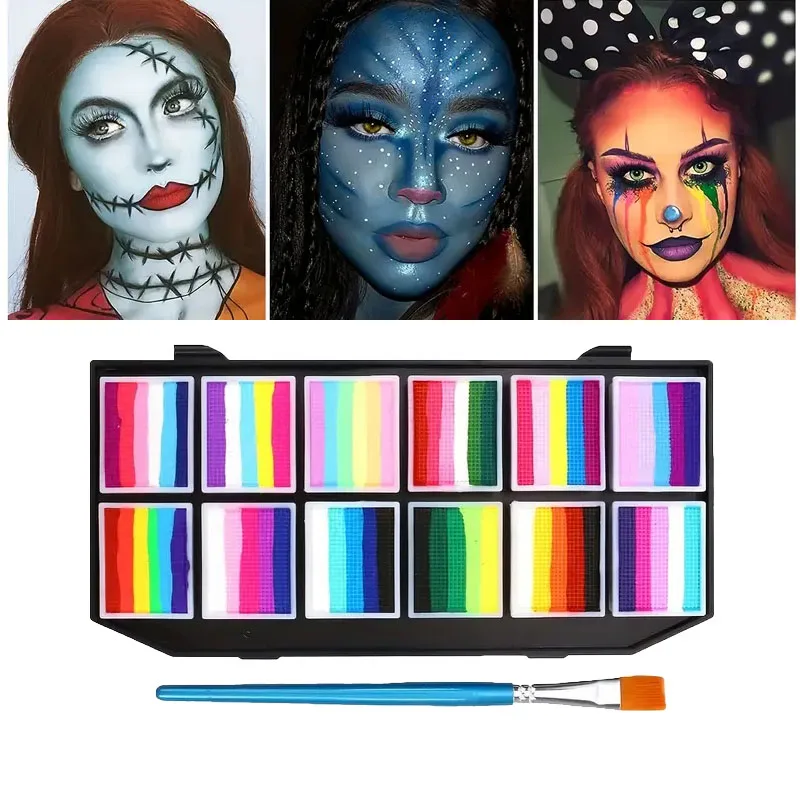 12 Colors Water-Soluble Rainbow Palette Children's Face Body Paint, Halloween Stage Makeup Graffiti Body Beauty Face Masquerade