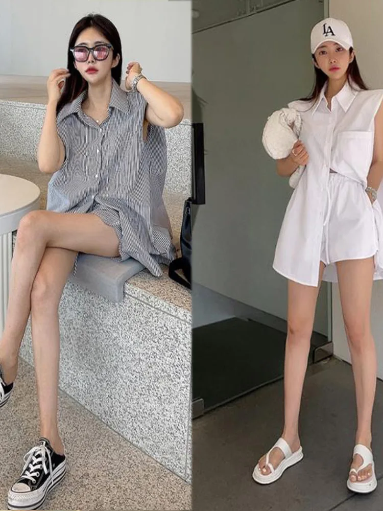 

Комплект женской одежды Dongda Gate: полосатый жилет с мягкой подкладкой, рубашка в стиле бойфренд, повседневные шорты, модный комплект.