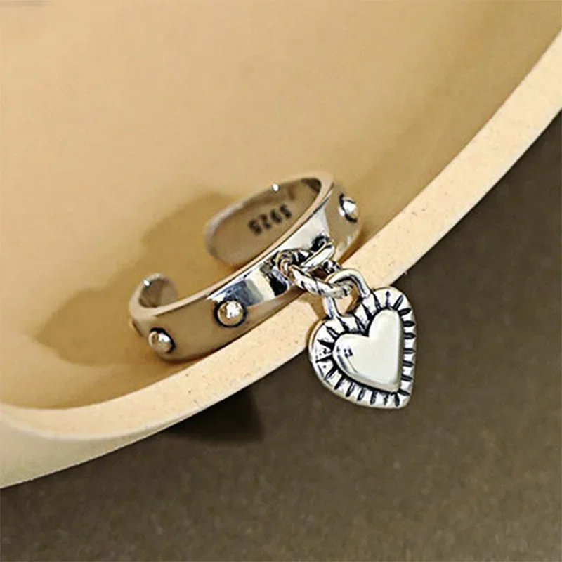 

925 Sterling Silver LOVE Heart Pendant Rings for Women Girls Fashion Vintage Thai Silver Punk Party Jewelry Gifts Accessories
