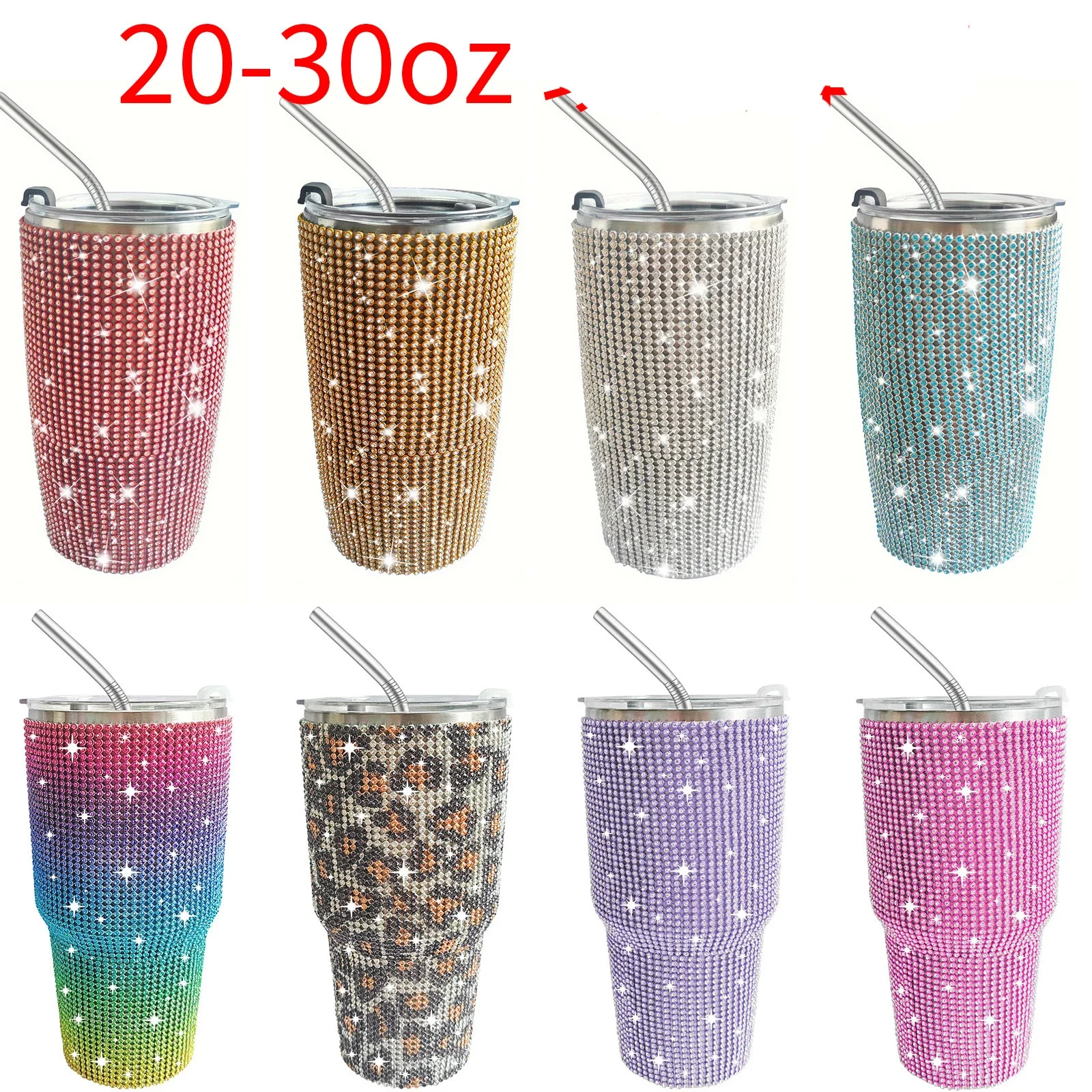 Bling Coffee Mug Car Cup Tumbler Rhinestone Thermos Bottle with Straw Double Wall Stainless Steel Diamond  Vacuum Water Bottle