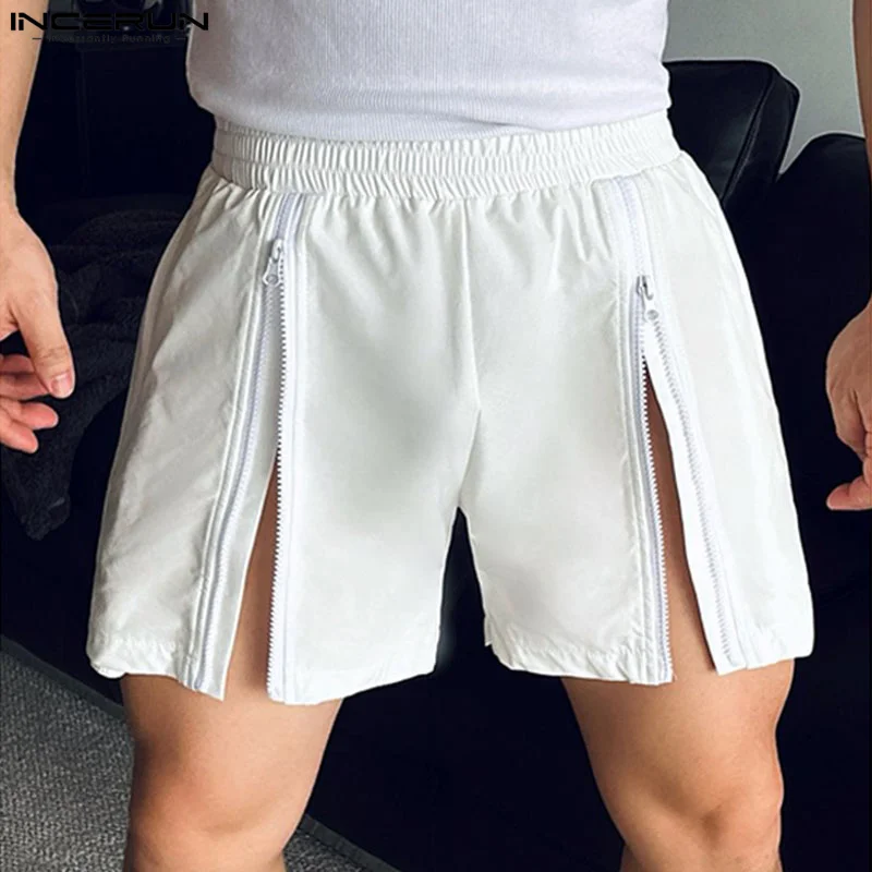 INCERUN Men Shorts Solid Color Elastic Waist Loose Zipper Joggers Casual Men Bottoms Streetwear Summer 2024 Fashion Male Shorts