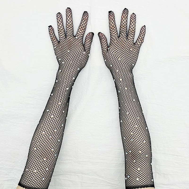 Finger Fancy Cosplay Fishnet Gloves Black White Red Long Mesh Gloves With Rhinestones Hollow Fishing Net Women's Gloves