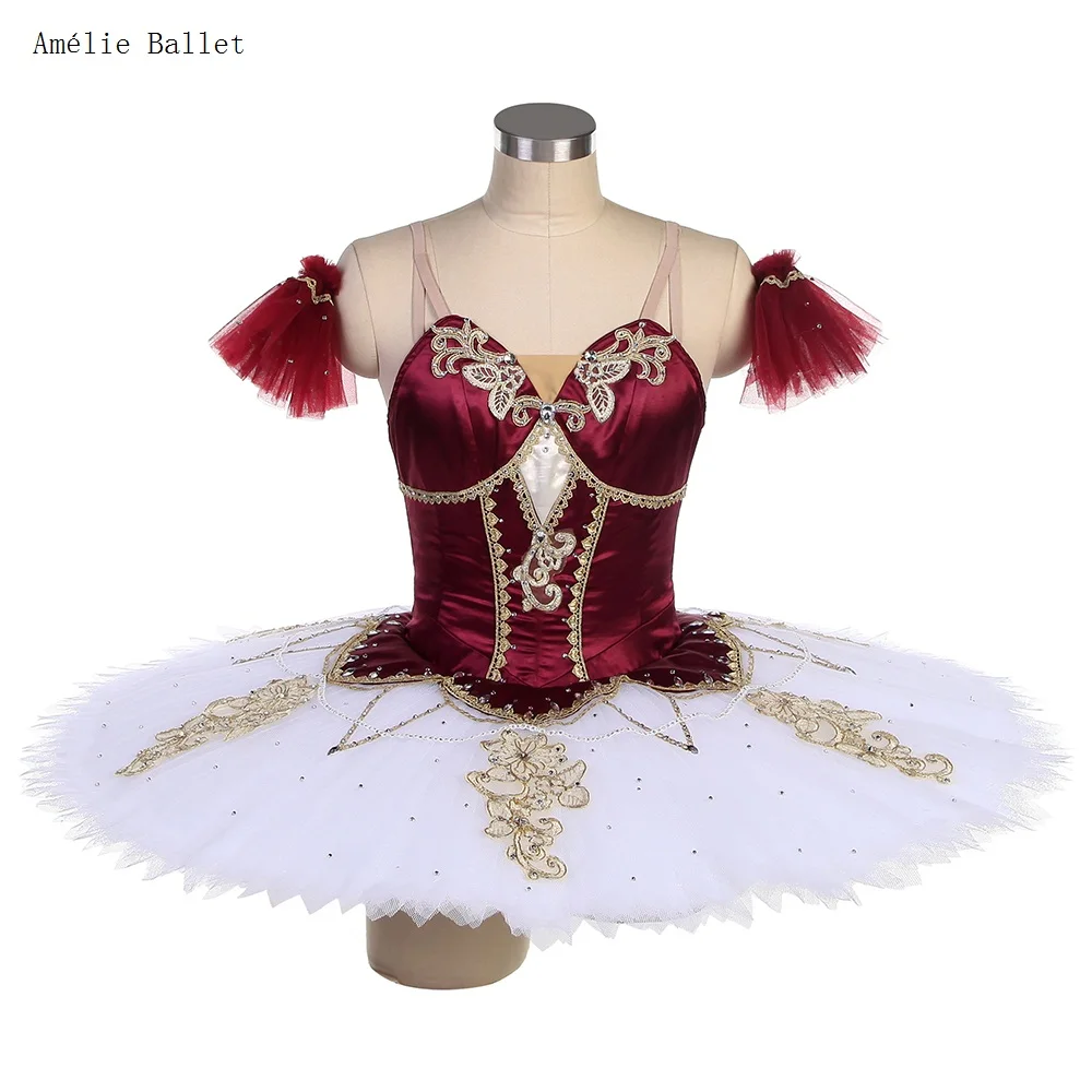 

B23021 Customized Burgundy Top Bodice with White Stiff Tulle Tutu Dress Professional Pancake Tutu for Girls&Women Dance Dress