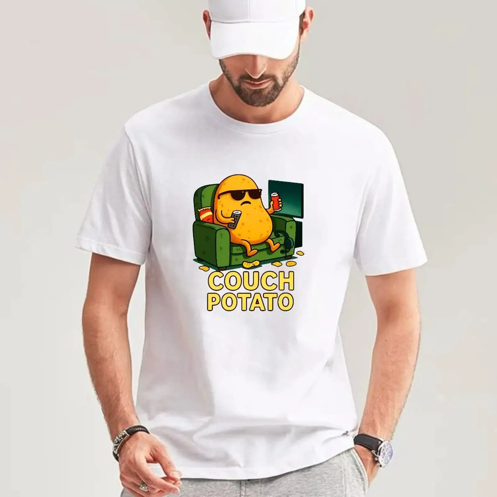 Lustiges Couch Kartoffel Grafik T Shirt Cartoon Fauler Tag Geschenk für Ihn vintage Washed designer clothes Comfortable Casual