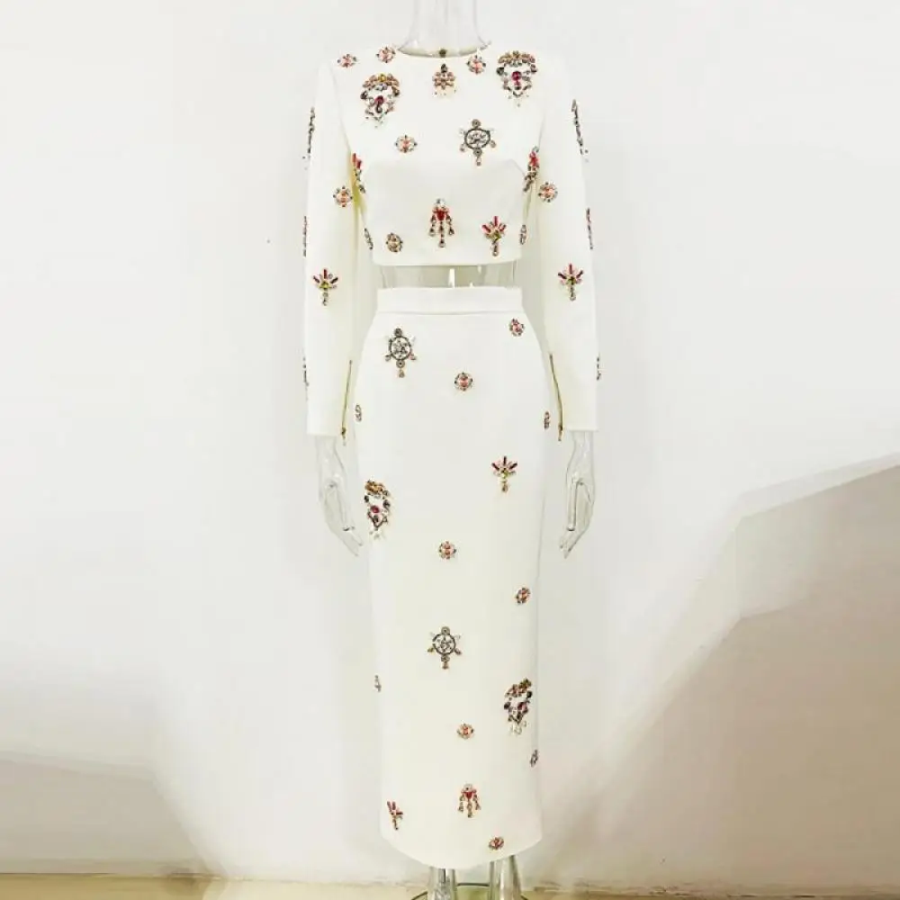 Trajes de 2 piezas de marca a la moda con cuentas de diamantes 2XL para mujer, Tops cortos con cremallera en la espalda, conjunto de falda larga de marca de lujo