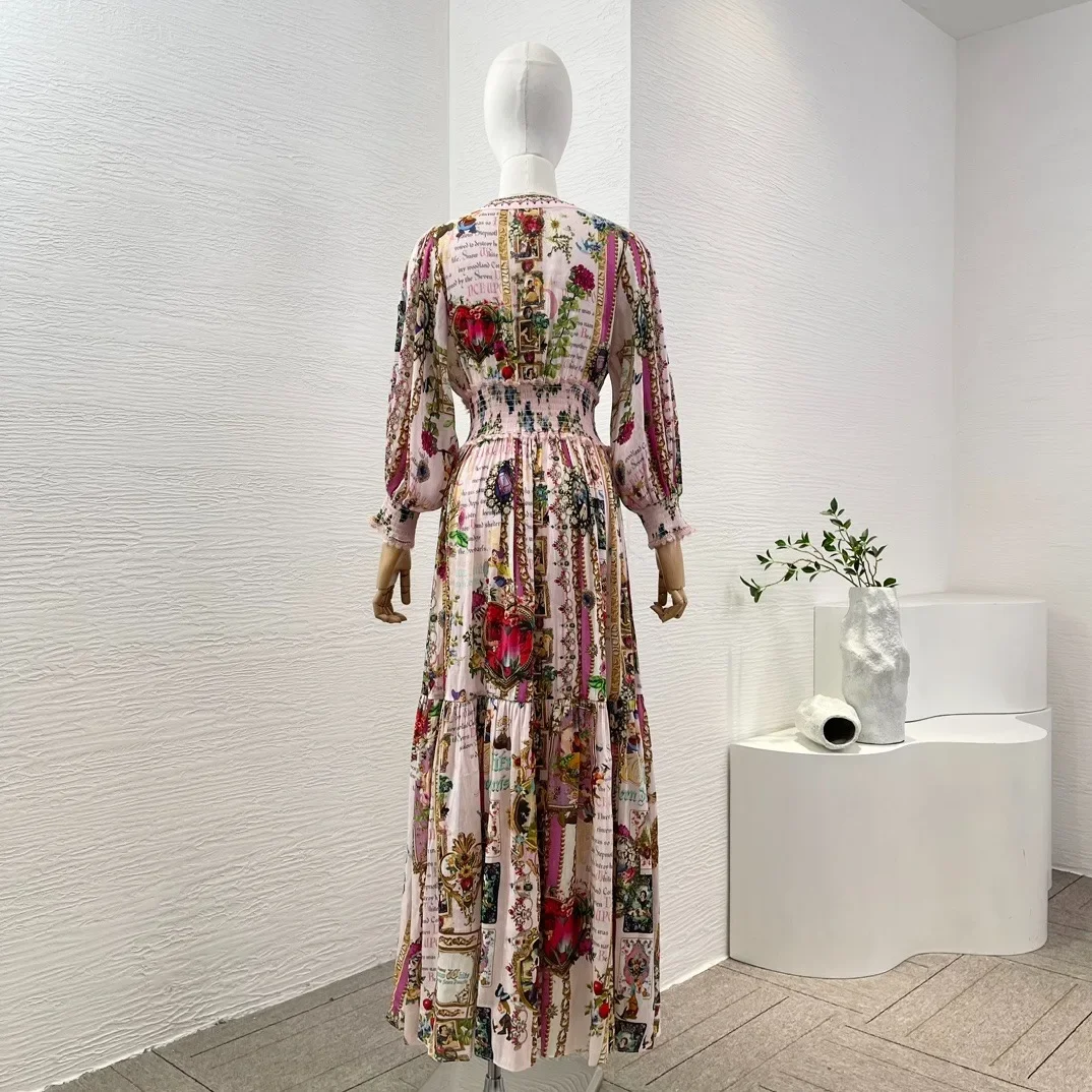 Linen Silk High Quality 2024 Summer Vintage Styles Pink Rose Floral Print Diamonds Pressed 3/4 Sleeve Deep V-Neck Midi Dress