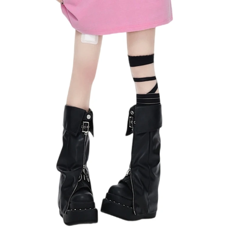 Women Harajuku Black PU Leather Leg Warmer with Buckled Punk Zippered Slit Flared Boot Cover Long Calf Socks Streetwear