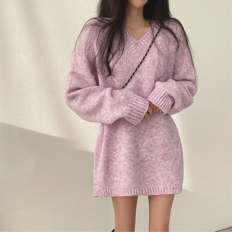 

Корейский INS осень-зима новый корейский стиль ленивый мягкий свободный вязаный свитер средней длины для женщин