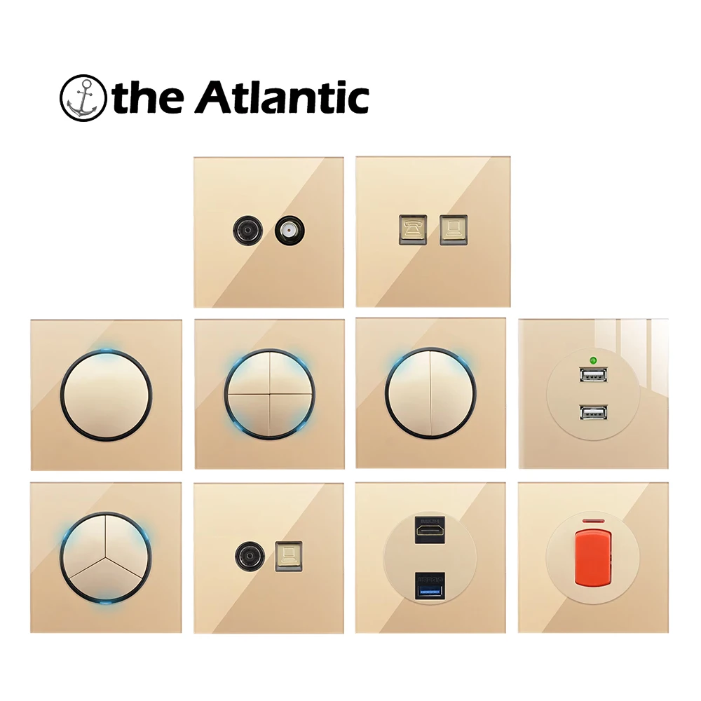 16A 110V-250V EU Standard Wall Power Socket RJ45 TV Internet Data Socket Button Switch Household Luxury Gold Glass Panel