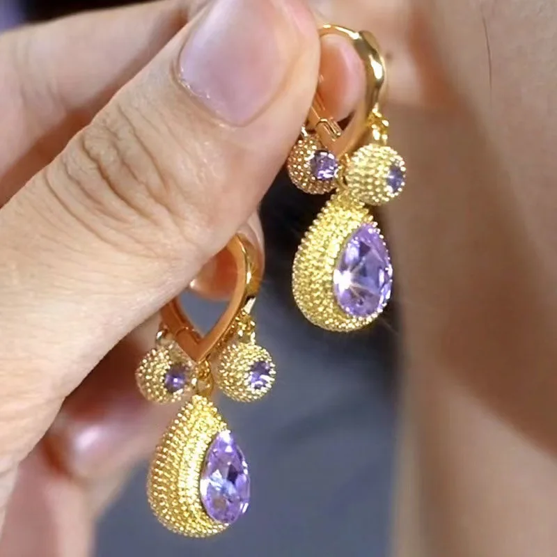 Temperament Exquisite Fashion Purple Crystal Durian Pendant Earrings for Women Luxury Water Drop Earrings Jewelry Birthday Gifts