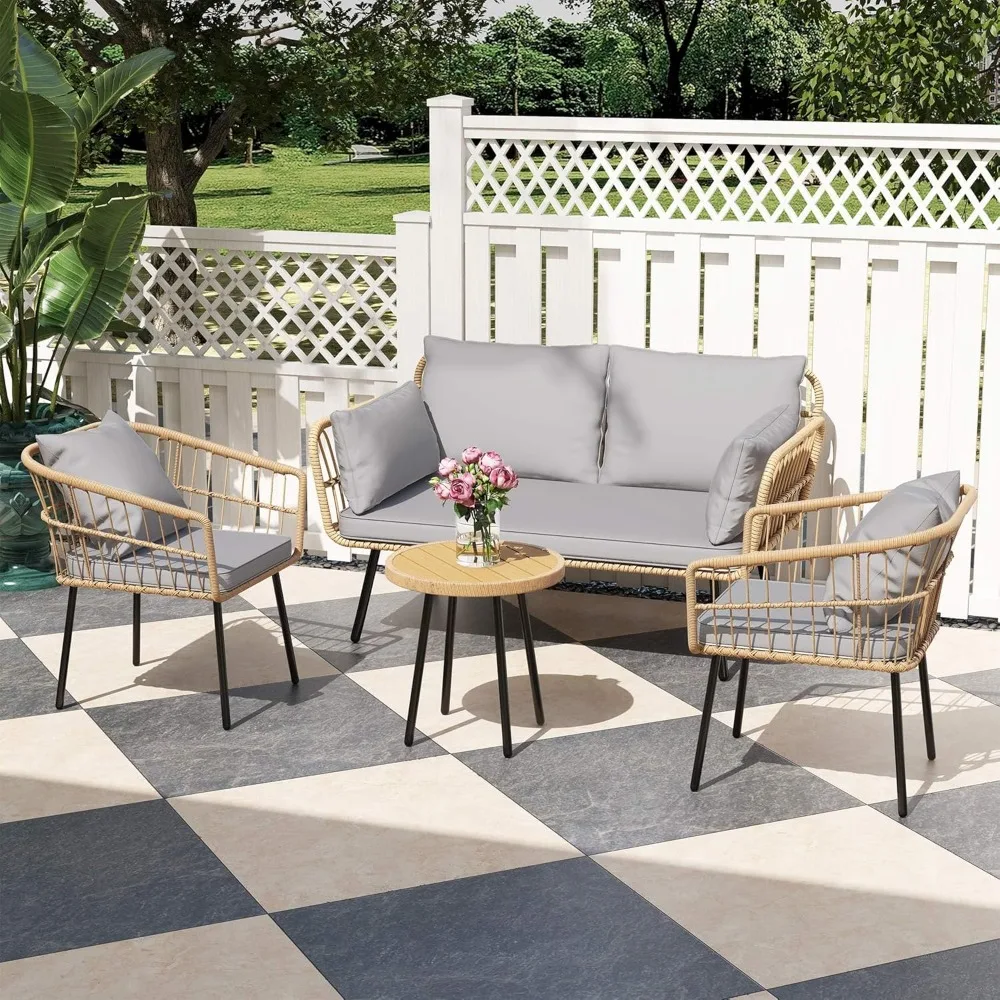 

4 Pieces Patio Furniture Set, Outdoor Wicker Bistro, All-Weather Rattan Conversation With Loveseat Chairs Table Soft Cushions f
