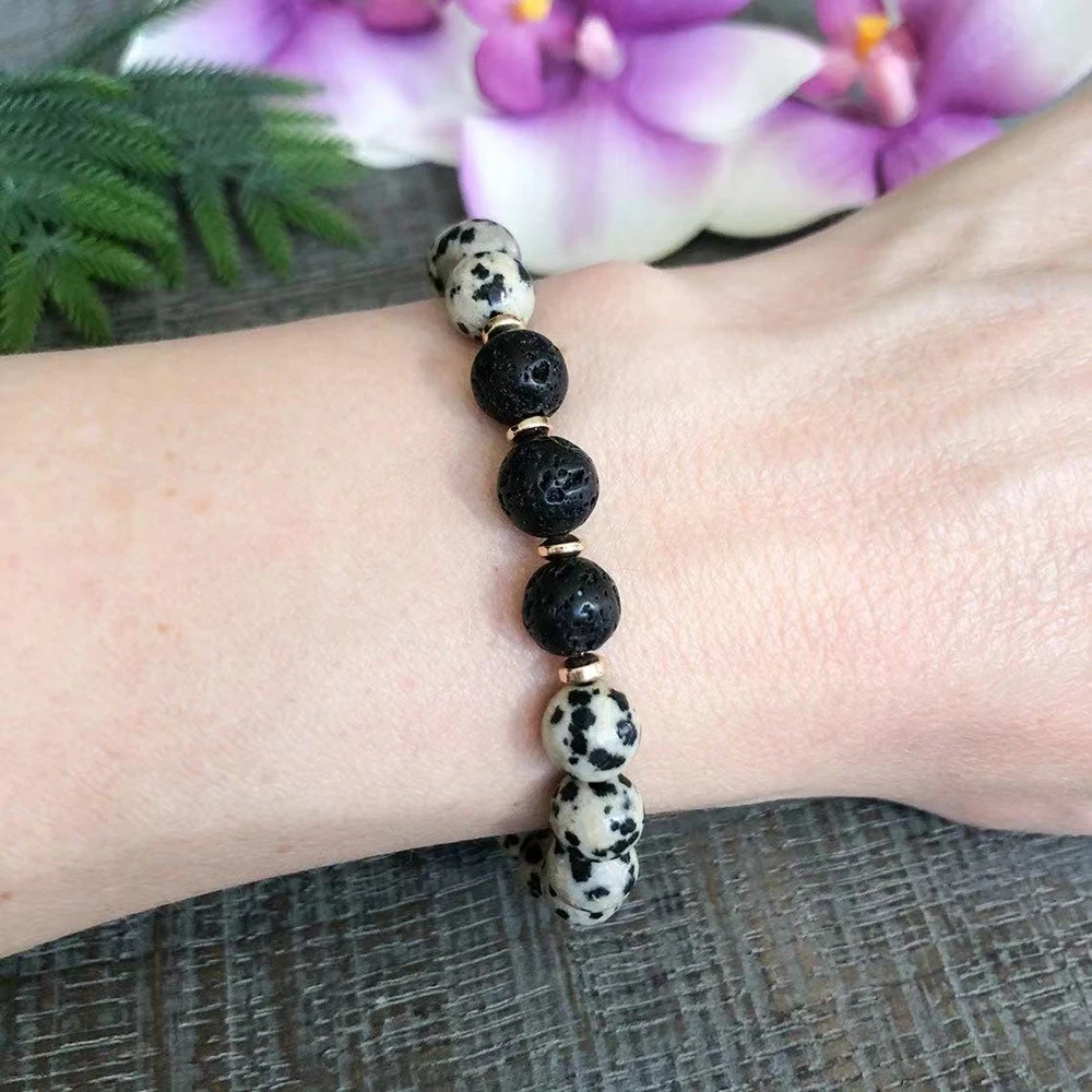 MG1559 Dalmatian Jasper Lava Bead Bracelet Trendy Women`s Essential Oil Diffuser Bracelet Healing Crystals Gemstone Mala