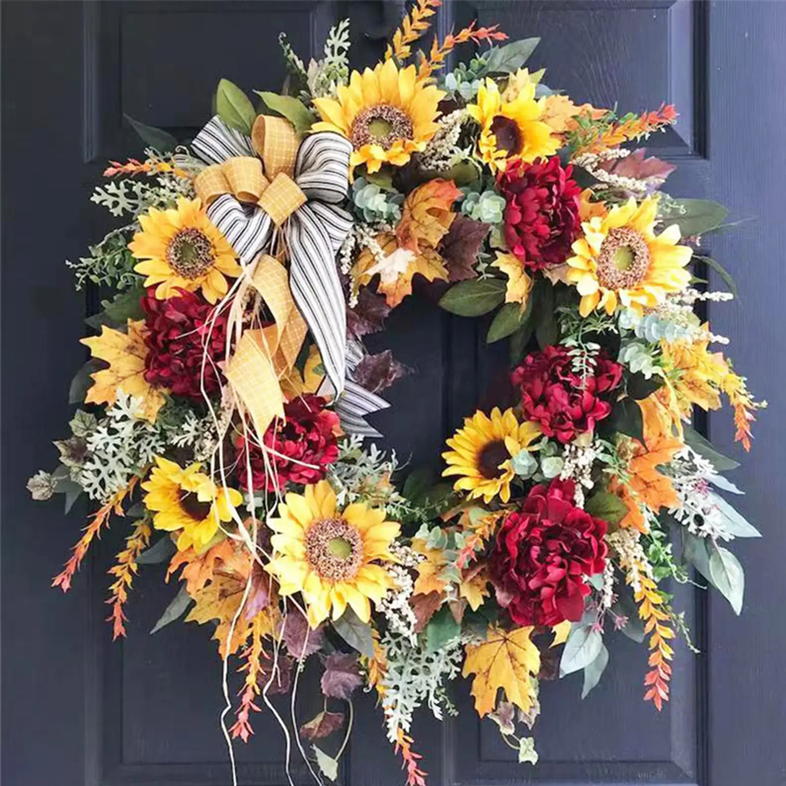 Artificial Hanging Sunflower Wreath Country French Wreath Fake Flower 45cm Welcome Sign Garland Front Door Decor for Home Party