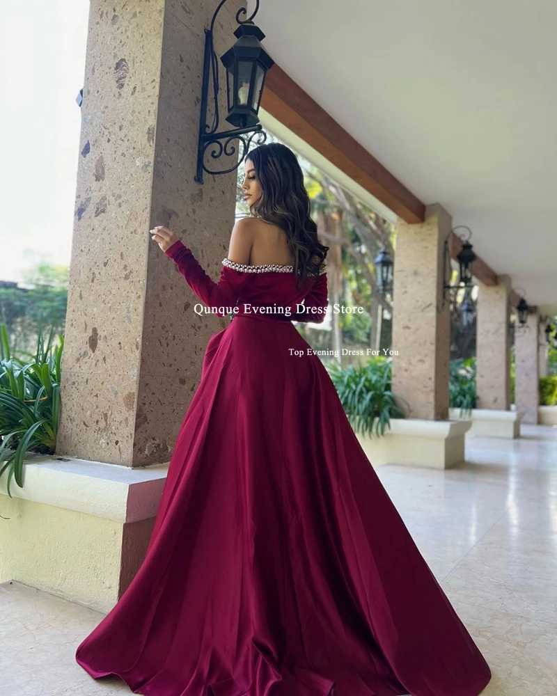 Qunque Luxury Pearls Sweetheart Evening Dress Sexy Split Long Sleeves Prom Dress Arabische Abendkleider Gala Gowns Customized