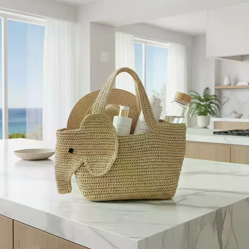 Bolsa de Palha Artesanal Grande Capacidade com Design de Elefante para Uso Diário, Praia e Lazer ao Ar Livre no Verão
