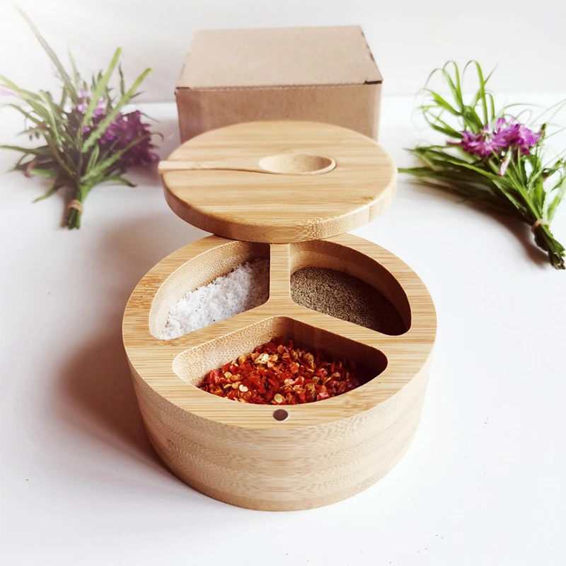 

Salt Pepper Holder Bowl Bamboo Round Spice Salt Container Cellar Jar With Lid And Spoon Kitchen Seasoning Storage Box