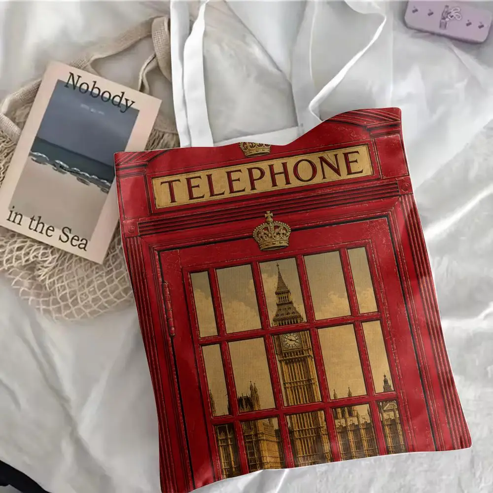 London Telephone Storage Bags Double-Sided Printed Canvas Tote Bag Eco-Friendly Reusable Large Capacity Handbag view 3