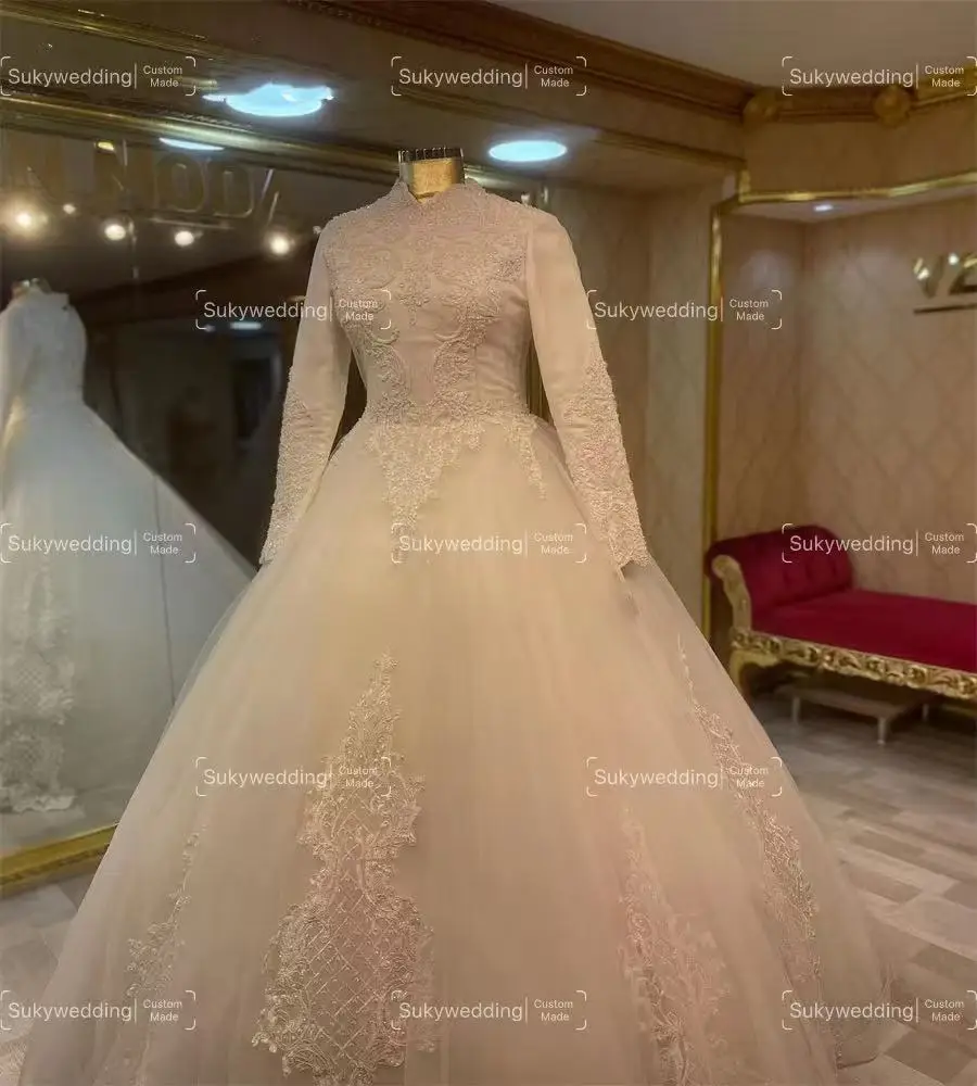 Vestidos de novia musulmanes 2025 cuello alto mangas largas apliques cuentas de encaje vestidos de novia de boda islámicos corsé personalizado