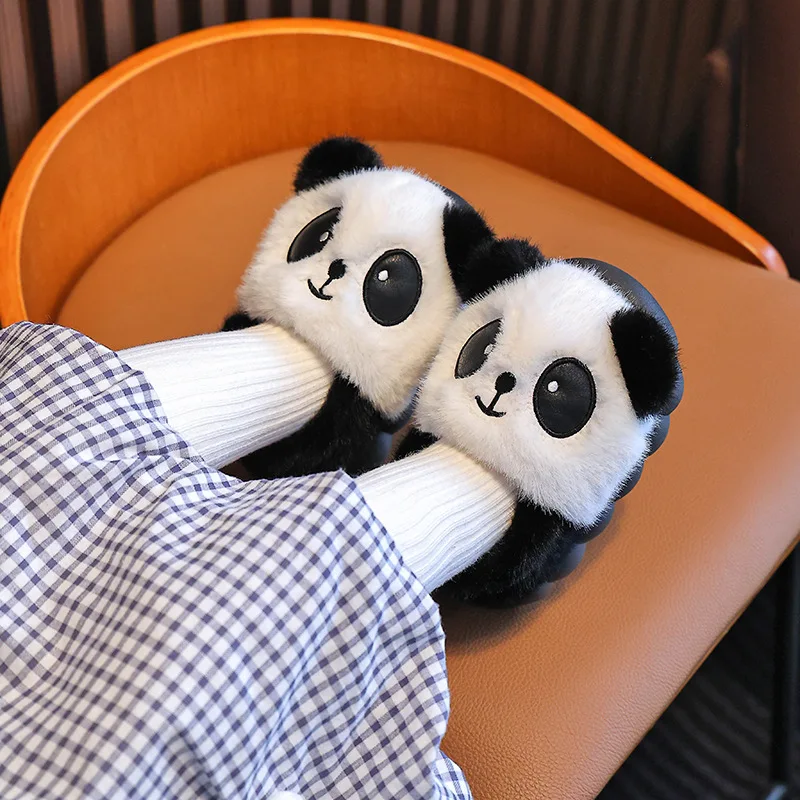 Cartoon Panda Furry Children's Slippers 2025 Winter Soft Thick Bottom Non Slip Indoor Slippers Children's Fluffy Fur Home Slides