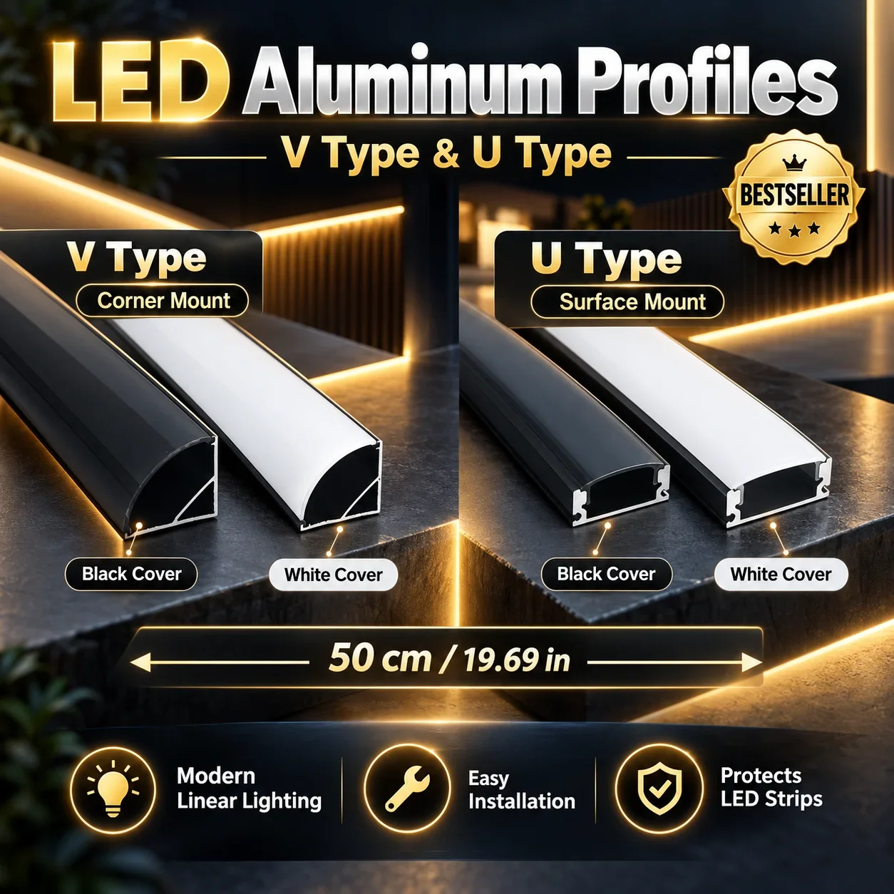 1-30Pcs/lot LED Aluminum profile 0.5m/pcs U/V shape Corner for 5050 2835 LED Strip Bar Lamp channel Holder White/Black Cover