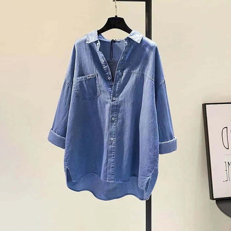 Camisas de estilo coreano para mujer, blusa de mezclilla de gran tamaño con cuello tipo Polo, manga larga, color azul liso, informal, holgada, con botonadura única