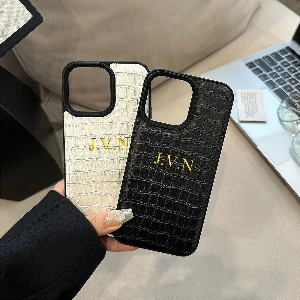 Luxury Crocodile Leather Personalized Case For iPhone 11 12 13 14 15 16 Pro Max Customized Initials Name Letters Cover 16 Pro