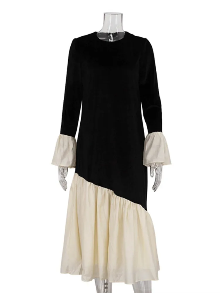 Freeacy vestido feminino solto de veludo, cor contrastante, mangas largas, vestido de festa plissado, moda outono, vestidos com articulação dividida